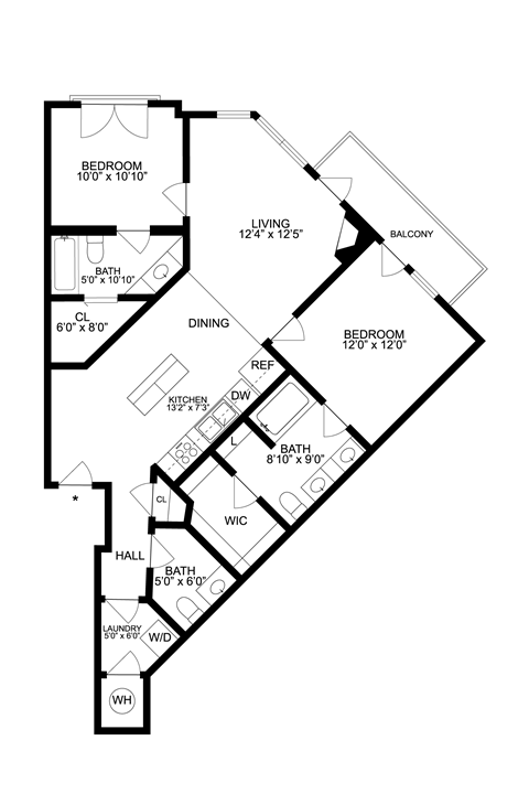 Floor plan for 2 beds, 2.5 baths, 1000 sqft